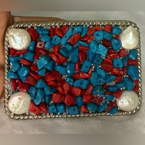 WESTERN STONE BELT BUCKLE IN TURQUOISE AND RED